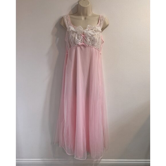 Vtg 50s 60s Nightgown Robe Set M Slip Chiffon Lace Satin Peignor Pink Lingerie - Picture 2 of 13